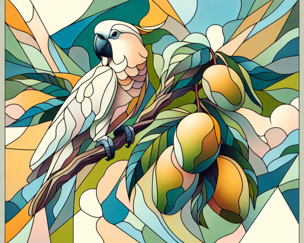 Stylized Parrot on Branch with Vibrant Mangoes