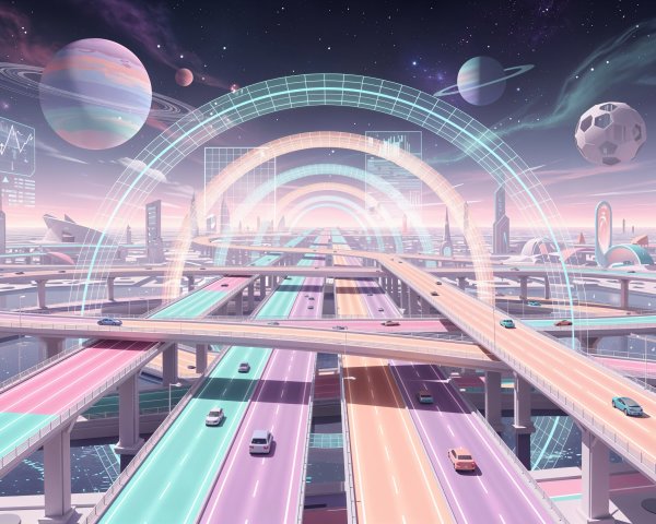 Pastel Futuristic Cityscape with Elevated Highways
