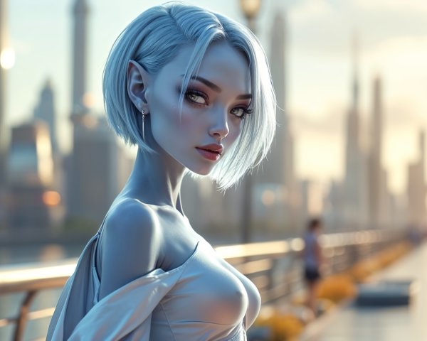 Futuristic Figure by Waterfront with Silvery Hair