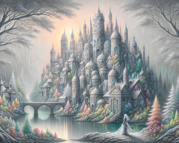 Mystical Castle Surrounded by Trees and Mist