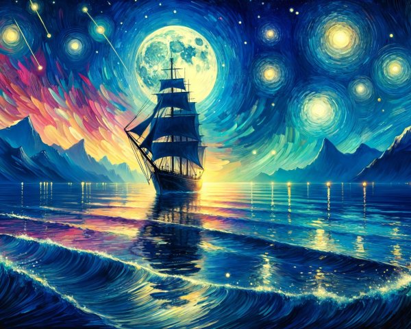 Majestic Ship Sailing Under Colorful Night Sky