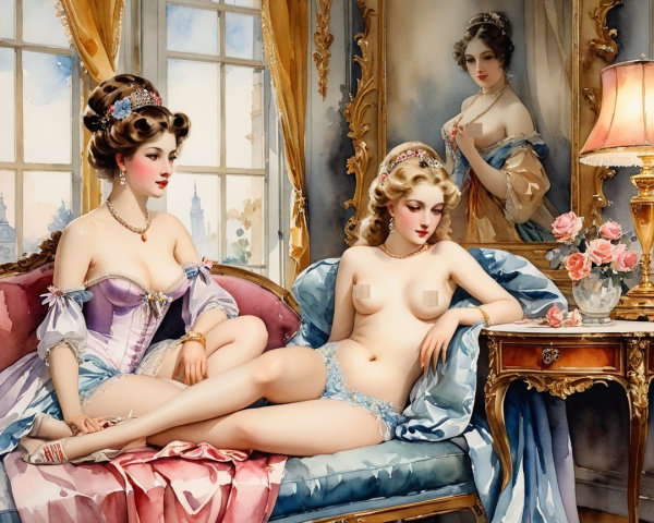 Elegant women lounging in a lavishly decorated room