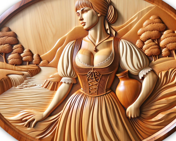 Wooden Relief of Woman by River with Clay Pot