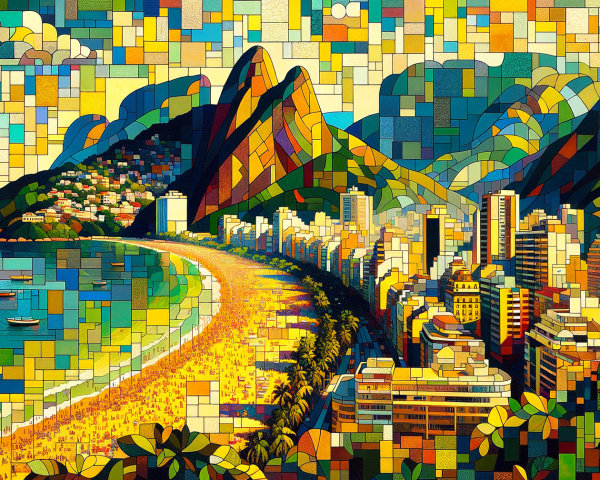 Mosaic Beach Scene with Mountains and Coastal City