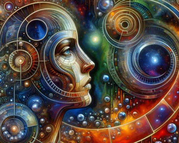 Stylized Human Face with Circuitry and Cosmic Elements