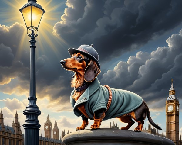 Dachshund in detective attire against London skyline