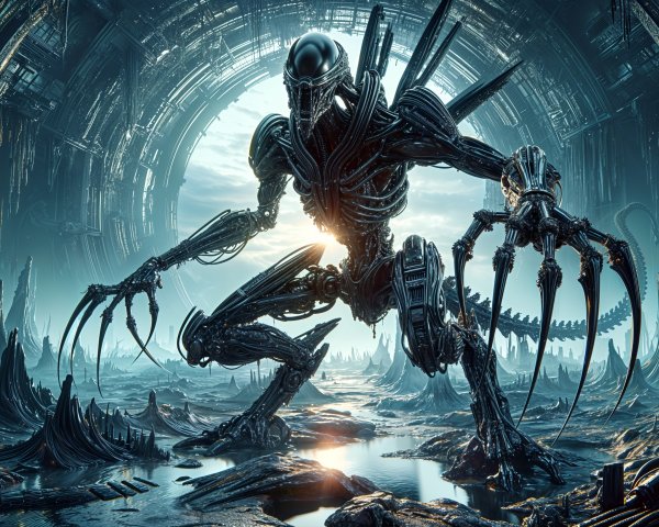 Futuristic Dystopian Landscape with Robotic Creature