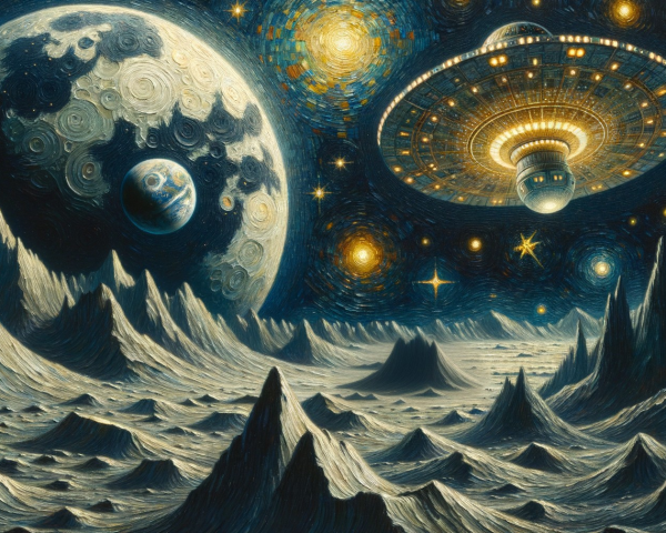 Cosmic Landscape with Stars, Moon, and Spaceship