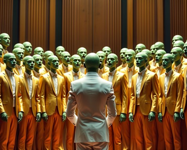 Surreal Scene of Mannequins in Orange Suits