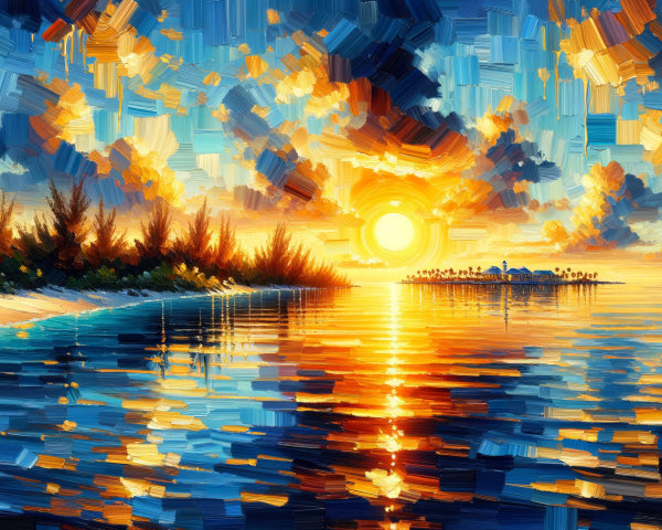 Vibrant Sunset Over Tranquil Ocean in Impasto Style