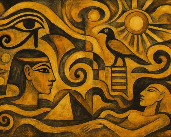 Egyptian Art Nouveau Painting with Eye of Horus Elements