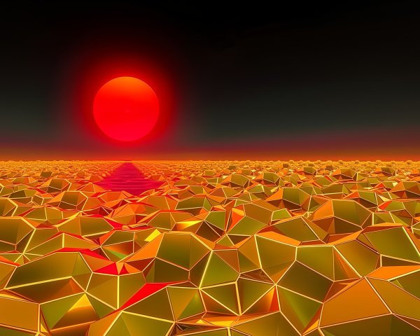 Surreal Landscape with Red Sun and Golden Shapes