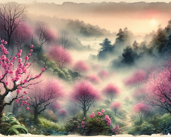 Serene Landscape with Cherry Blossoms and Green Hills