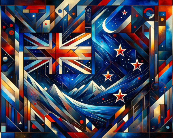 Abstract Artwork Merging British and New Zealand Symbols