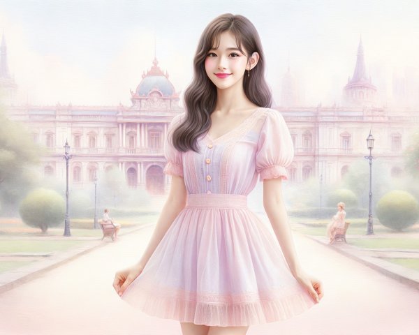 Young Woman in Pink Dress at Enchanting Palace Scene