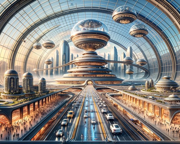 Futuristic cityscape with sleek architecture and vehicles