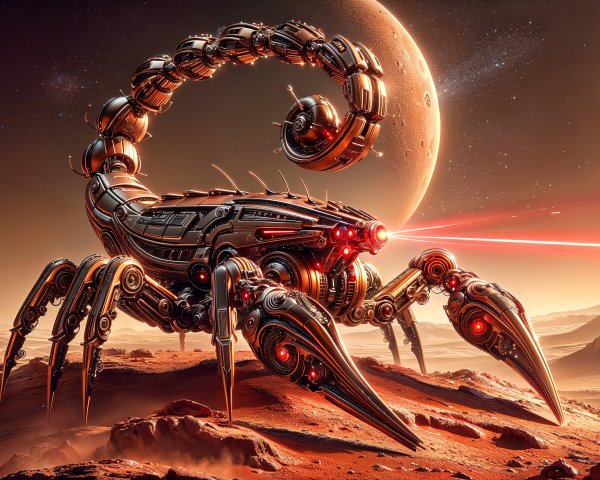 Futuristic robotic scorpion in a red alien landscape