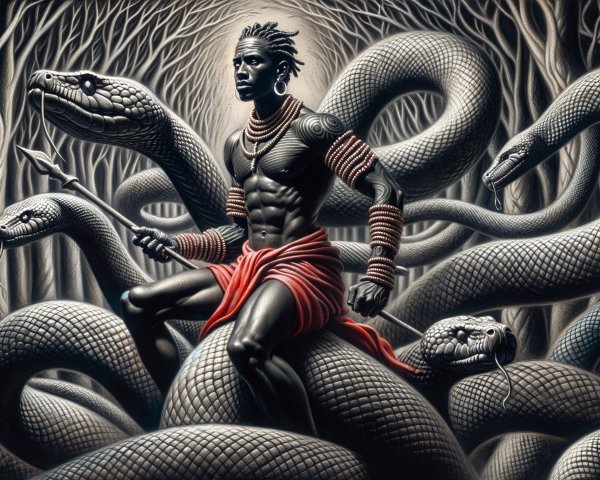 Muscular Figure Surrounded by Snakes in Dark Forest