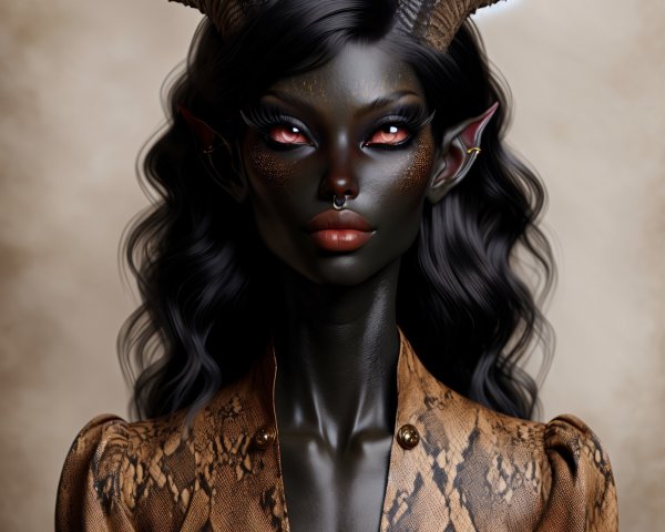 Character with Dark Skin and Curved Horns in Fantasy Garb