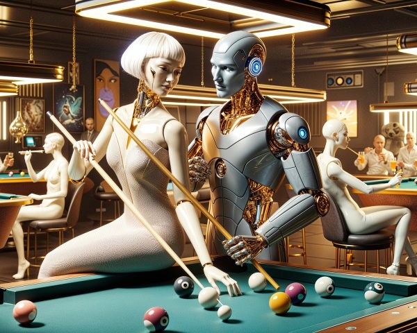 Futuristic Billiard Hall with Robot and Woman Interaction