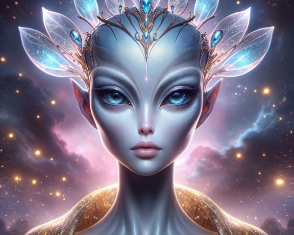 Futuristic figure with cosmic background and elegant crown