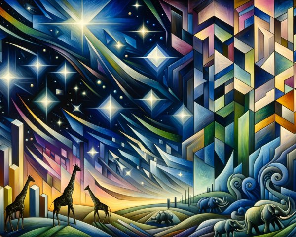 Surreal Landscape with Giraffes and Starry Night Sky