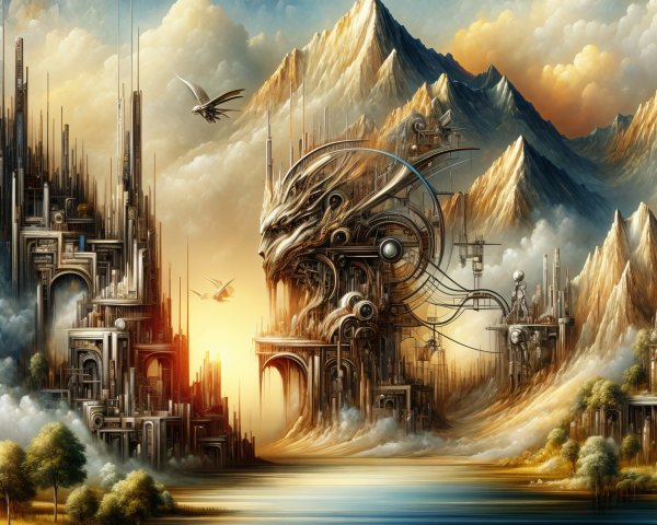 Surreal Landscape with Mountains and Dragon-like Figure