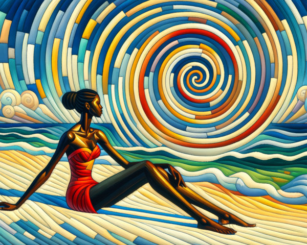 Vibrant Beach Scene with Woman in Red Swimsuit