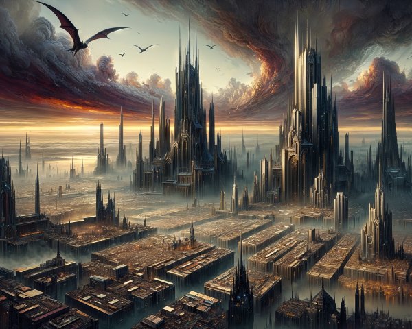 Fantasy Cityscape with Spires and Misty Atmosphere