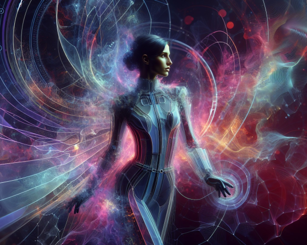 Futuristic figure in cosmic energy and vibrant light