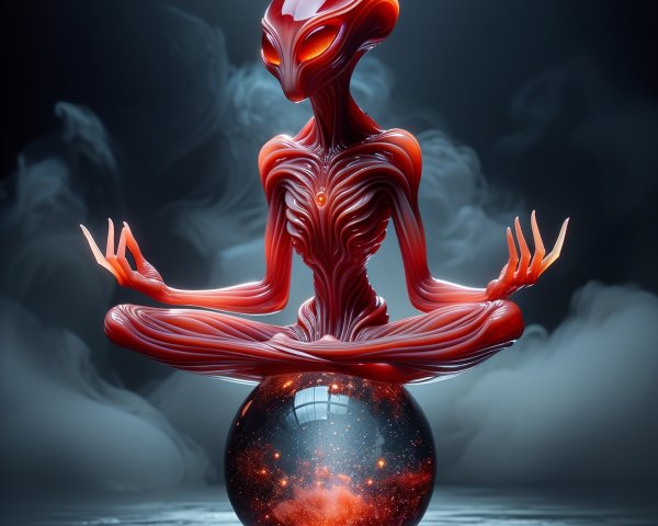 Alien Figure Meditating Above Cosmic Sphere