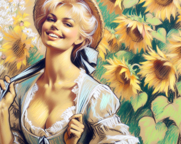 Vibrant Digital Pastel Painting of a Woman in Sunflowers