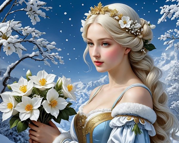 Serene Young Woman in Floral Gown Amid Snowy Scene