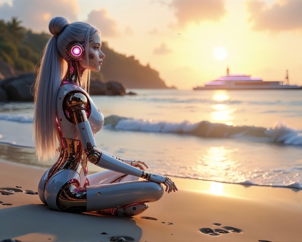Futuristic Robot on Beach at Sunset with Yacht