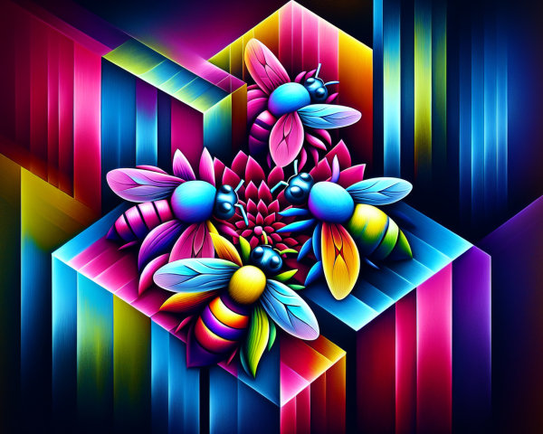 Vibrant 3D Design of Colorful Flowers and Bees