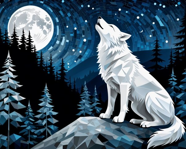 White Wolf Howling at Full Moon in Starry Night Sky