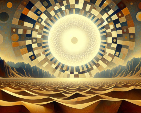 Surreal Landscape of Sand Dunes and Geometric Sun
