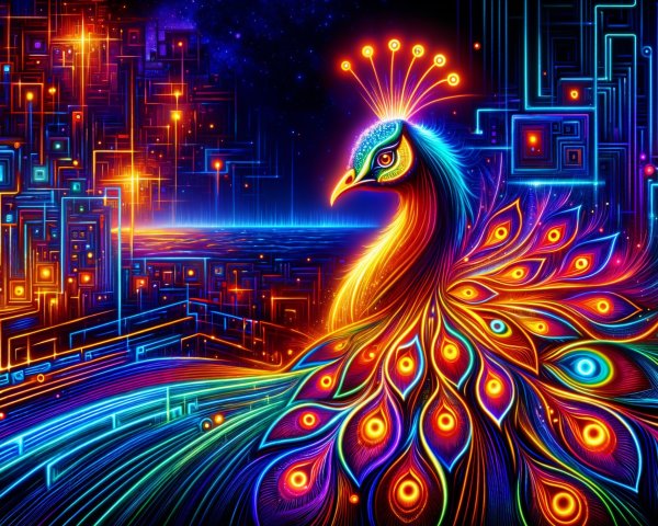 Digital Peacock Against Cosmic Cityscape Background