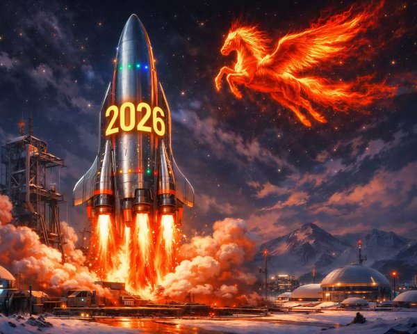 Futuristic Rocket Launch at Night with Pegasus and Base