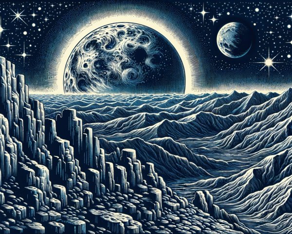 Cosmic Landscape with Mountains and Celestial Bodies