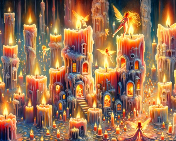 Fantastical city of glowing candle towers and fairies