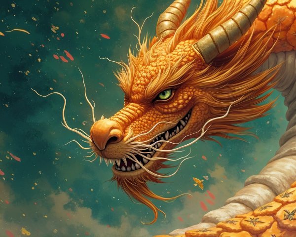 Majestic orange dragon in vibrant swirling sky