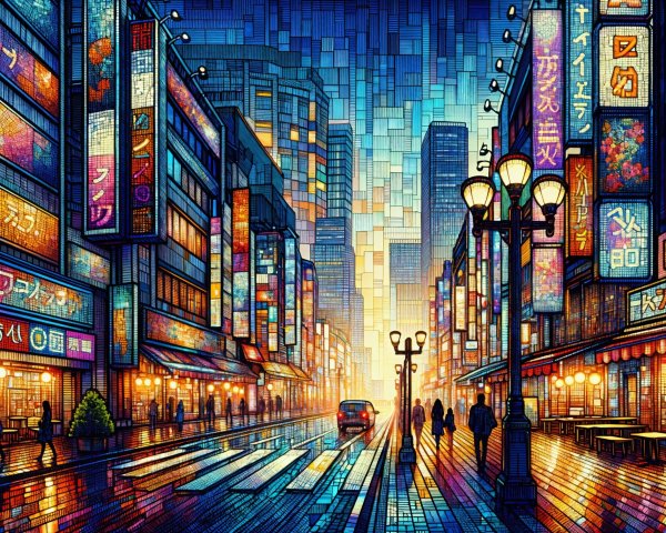 Vibrant City Street at Dusk with Neon Lights