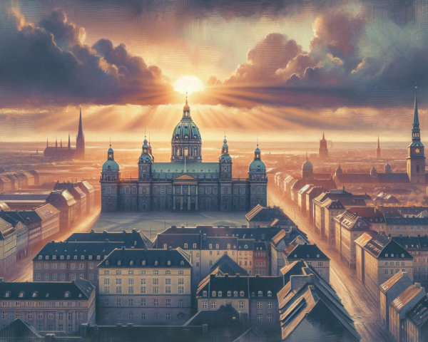 Dramatic Sunrise Skyline with Grand Architectural Structure