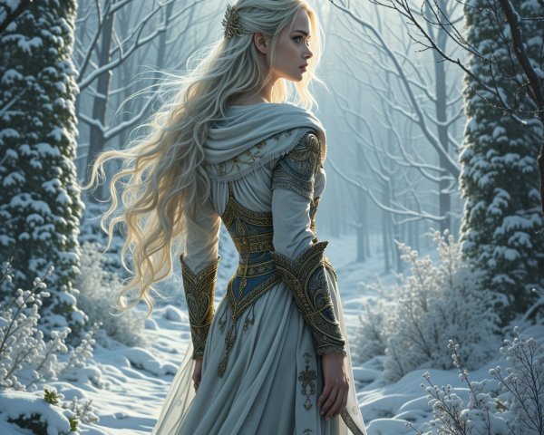 Snow-Covered Forest with Elegant Figure in Gown