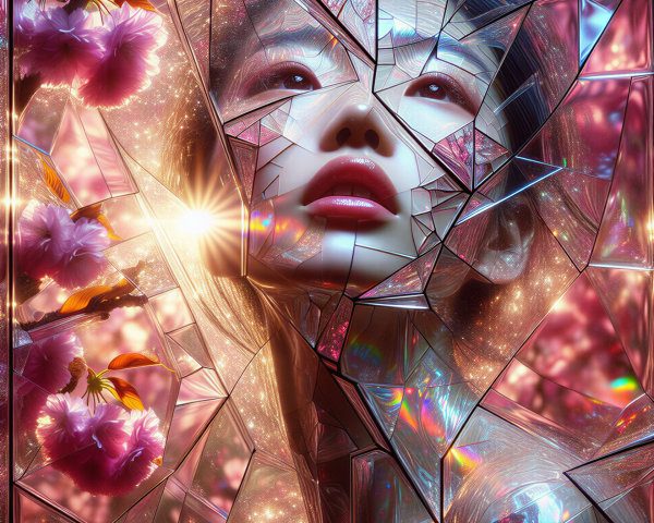 Fragmented Woman's Face Surrounded by Cherry Blossoms