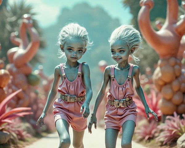 Whimsical Landscape with Playful Twin Characters