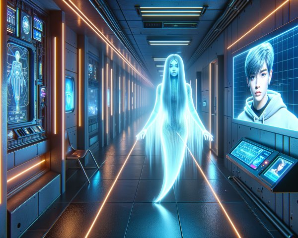 Futuristic Corridor with Holographic and Digital Displays