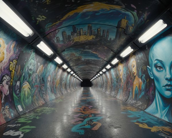 Vibrant Graffiti Tunnel with Colorful Artwork and Lights
