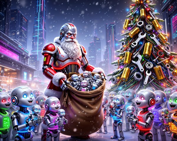 Cyborg Santa Claus Distributing Robot Presents in Snow